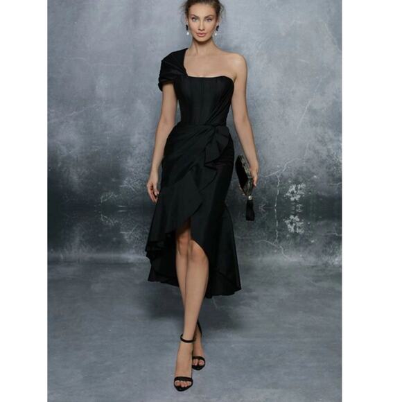 NEW TARIK EDIZ Black Merla Formal Dress Size 4 One Shoulder Ruffle Hem Corset - Picture 4 of 13